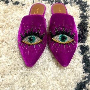 Kurt Geiger Rare Velvet Embellished Evil Eye Flat Shoes